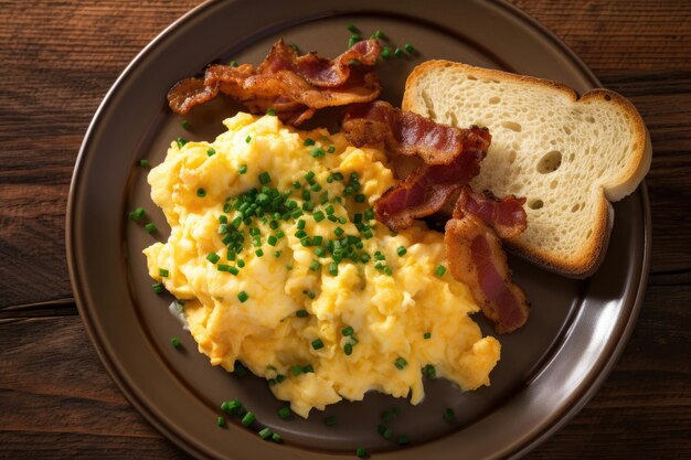 Premium Photo | Scrambled eggs with bacon and buttered toast