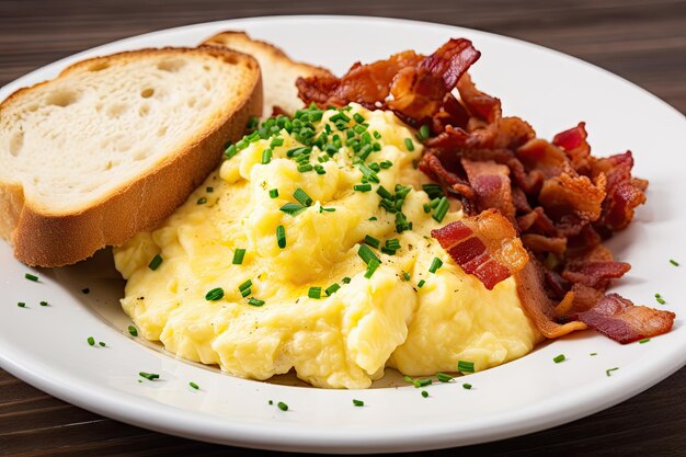 Premium Photo | Scrambled eggs with bacon and buttered toast
