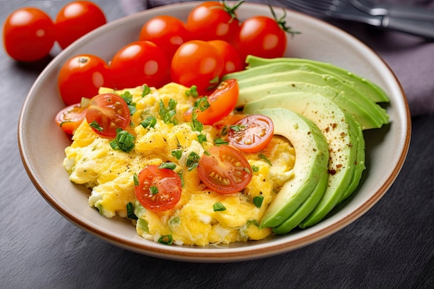 Scrambled eggs with cherry tomatoes and avocado