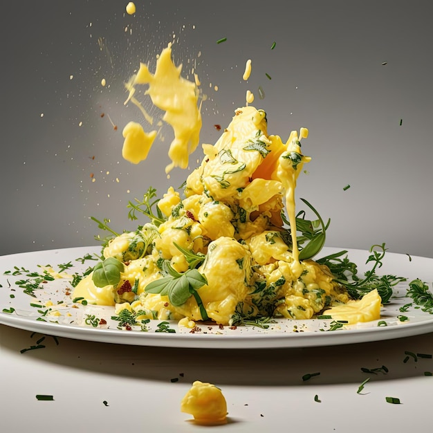 Photo scrambled eggs with lemon and herbs on a white plate in the style of hyperrealistic pop