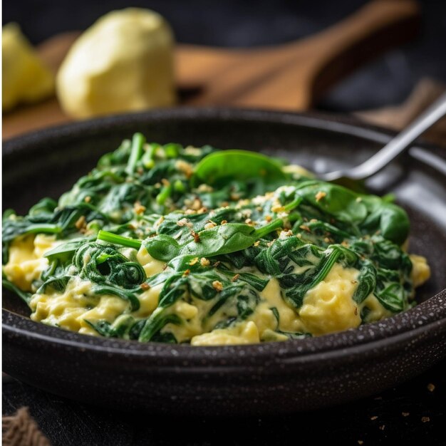 Scrambled eggs with spinach in a frying pan on a dark wooden background