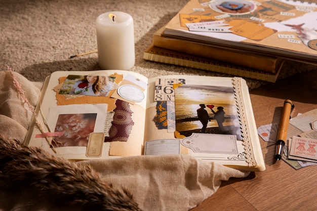 Foto scrapbook con assortimento di decorazioni per la casa