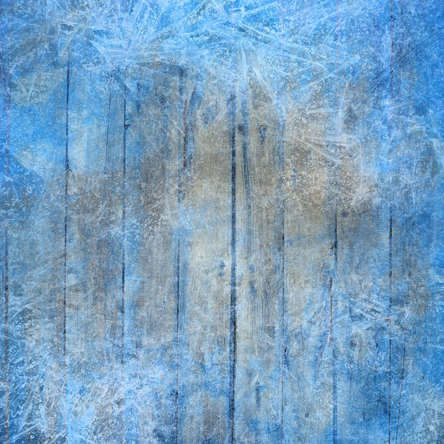 Photo scrapbooking new year design blue textured square backdrop template with frozen plank table and snow