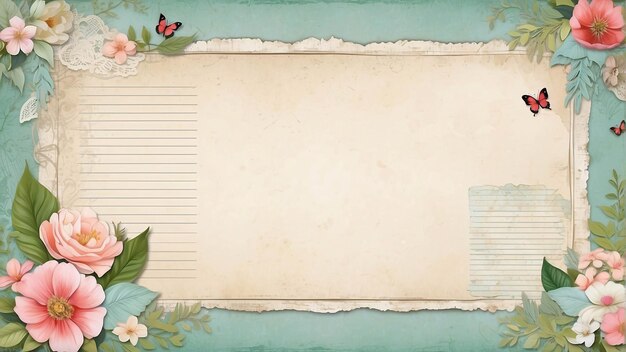 Photo scrapped notebook sheet with retro vintage old fairytale forest and landscape illustration