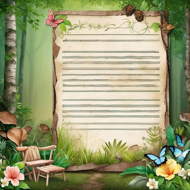 Scrapped Notebook Sheet With Retro Vintage Old Fairytale Forest And Landscape Illustration