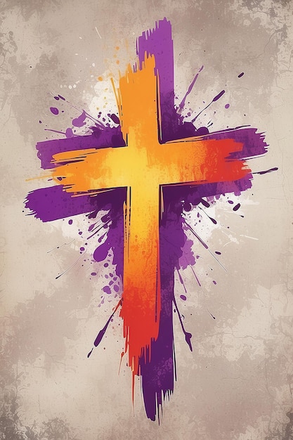 Scratched brush stroke cross on distressed background in bright orange red yellow purple