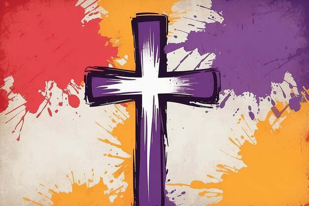 Scratched brush stroke cross on distressed background in bright orange red yellow purple