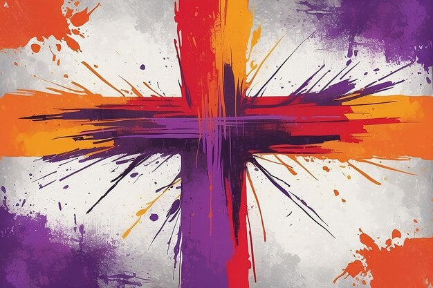 Photo scratched brush stroke cross on distressed background in bright orange red yellow purple