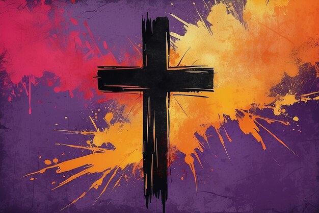 Photo scratched brush stroke cross on distressed background in bright orange red yellow purple