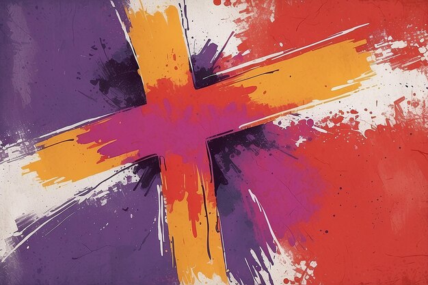 Scratched brush stroke cross on distressed background in bright orange red yellow purple