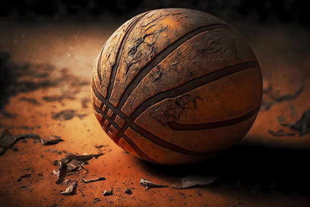 Photo scratched and worn leather basketball ball lies on court