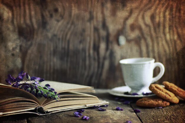 Scratches effect on photo retro book on wooden drink breakfast