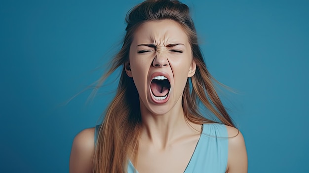 Scream therapy angry young caucasian woman expressing aggression in the studio environment