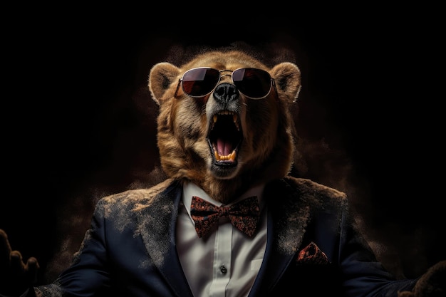 검정색 배경 생성 AI에서 양복과 선글라스를 쓴 비명을 지르는 곰