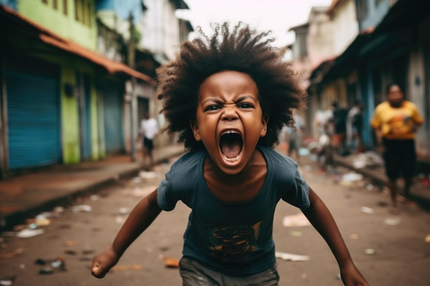 写真 貧しい地域の犯罪に満ちた通りで ⁇ 巻き ⁇ の叫び声を上げる少年