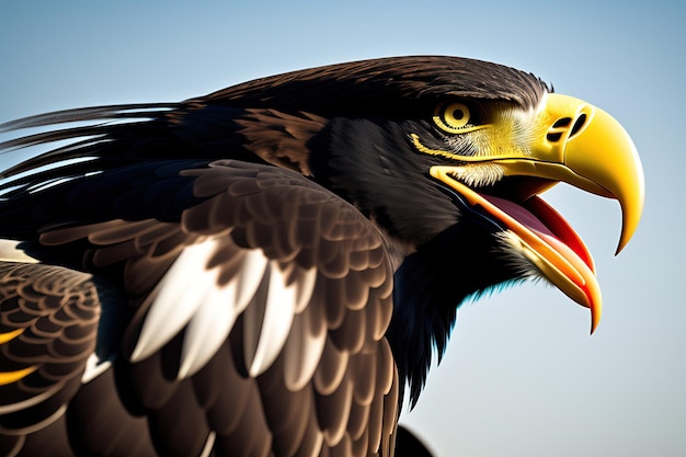 Screaming eagle with beak open
