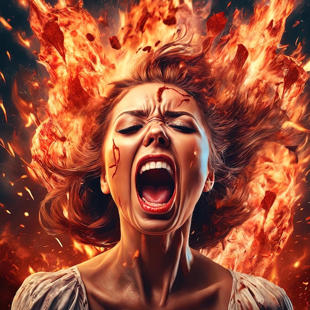 Foto donna urlante in abito rosso con fiamme ardentidonna urlante in abito rosso con fiamme ardenti