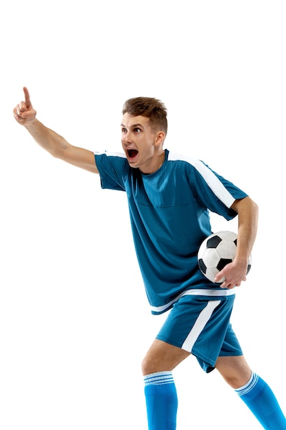 Screaming. Funny emotions of professional soccer player isolated on white studio background. Copyspace for ad. Excitement in game, human emotions, facial expression and passion with sport concept.