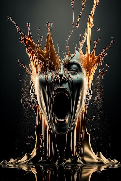 A screaming Liquid Mirror Villain Dripping and dissolving into a splash of water AI Generated