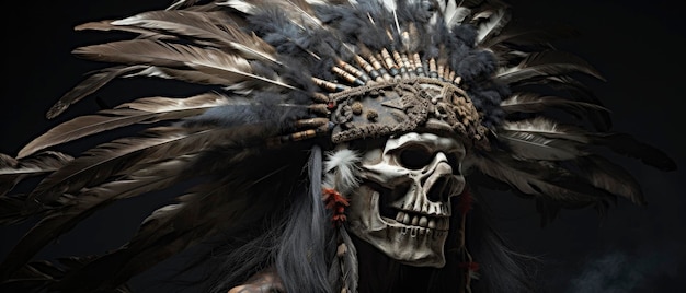 Screaming Skull Profile View Wearing an Indian Headdress of Eagle Feathers