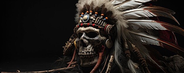 Screaming Skull Profile View Wearing an Indian Headdress of Eagle Feathers