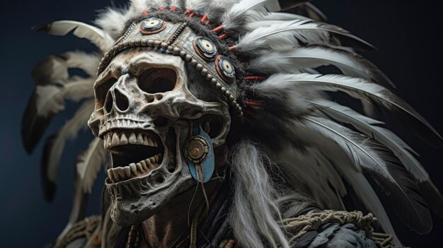 Screaming Skull Profile View Wearing an Indian Headdress of Eagle Feathers