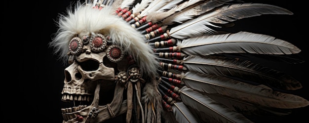 Screaming Skull Profile View Wearing an Indian Headdress of Eagle Feathers