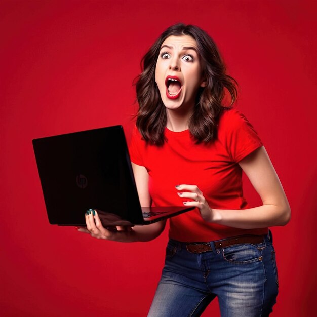 Photo screaming upset shocked melodramatic woman holding laptop computer