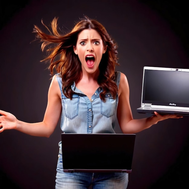 Photo screaming upset shocked melodramatic woman holding laptop computer