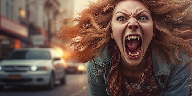 screaming woman in the street in the style of split toning