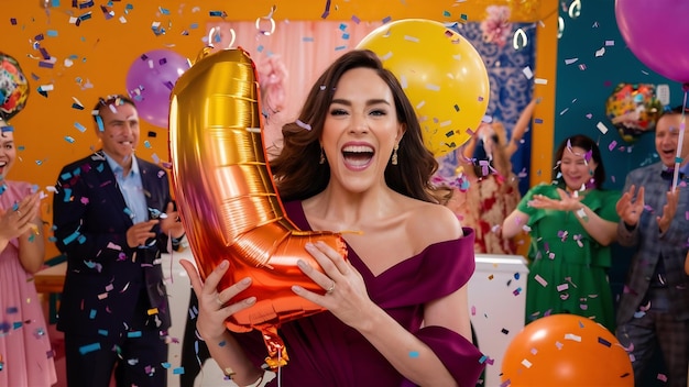 Кричущая женщина с воздушным шаром празднует второй день рождения своей компании