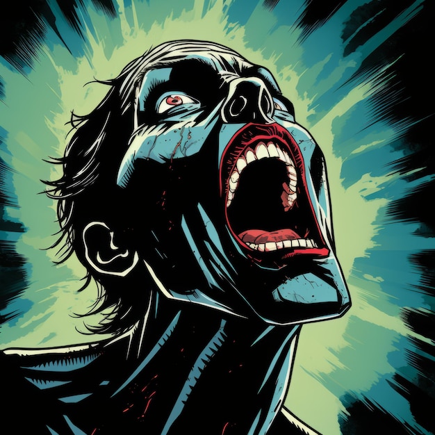 Photo screaming woman zombie a dark cyan and black horror illustration