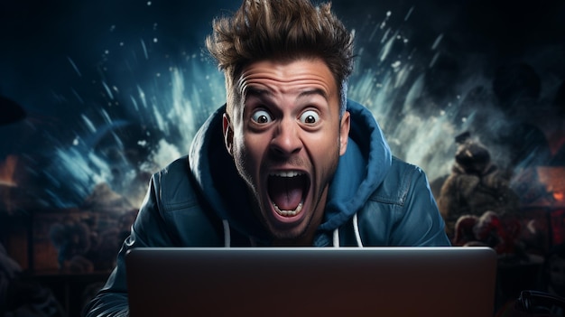 Screaming young man with laptop computer