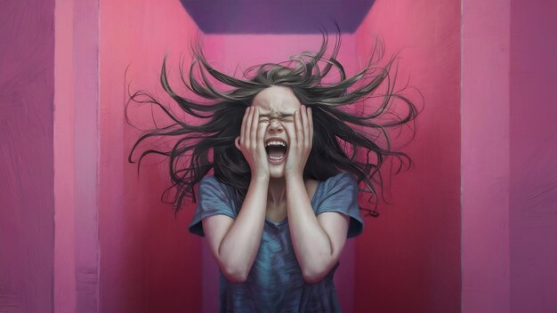 Photo screaming young woman isolated over pink wall