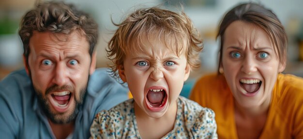 Photo a screamloving angry child with helpless parents generative ai