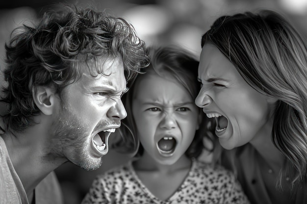 Photo a screamloving angry child with helpless parents generative ai