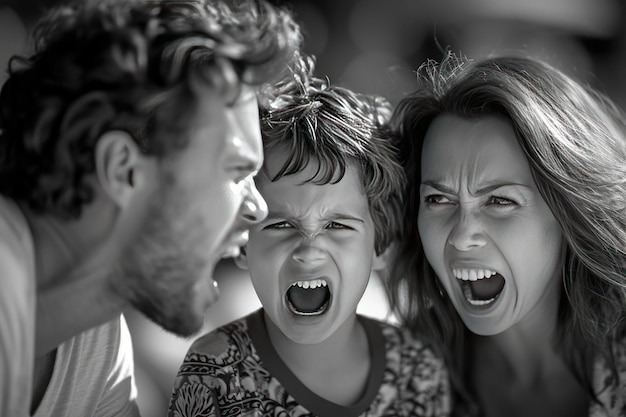 Photo a screamloving angry child with helpless parents generative ai