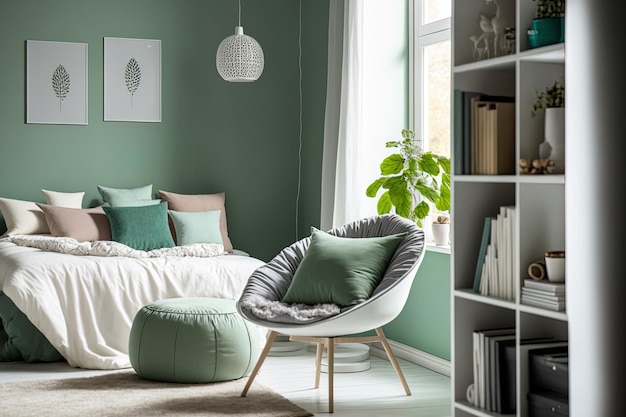 Screen bed chair bookcase lamp and pouf are all in a white bedroom