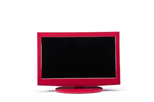 텍스트 미니멀리즘 개념을 위한 흰색 배경 공간에 있는 PC 빨간색 컴퓨터의 화면 또는 모니터
