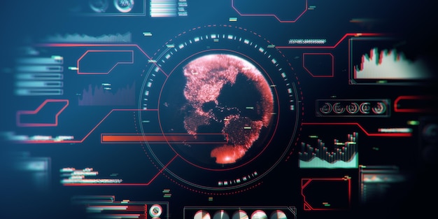 Screen texture with abstract global data stats in digital interface and world map in the center of composition on dark technological background hud template 3D rendering