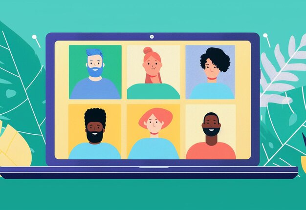 Photo a screen with several images of people and a man with a blue shirt on it