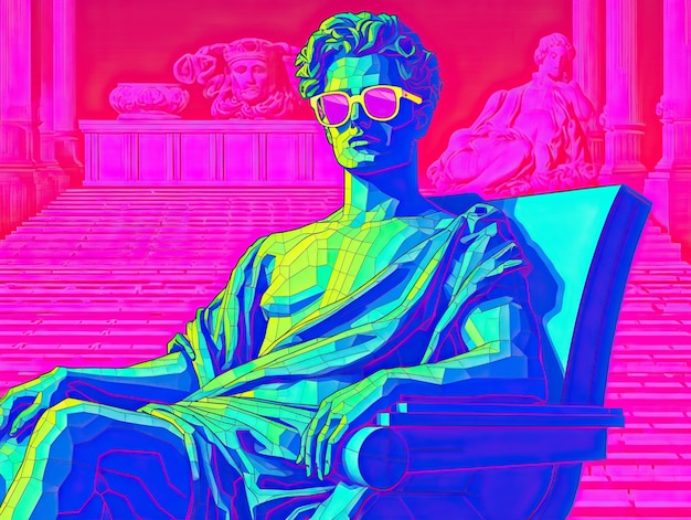 Photo screensaver in pixel art 8 bit style 3d of portrait anciend greek statue wear sunglasses