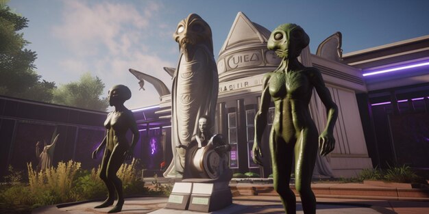 A screenshot of alien statues in front of a building with the words'alien'on it