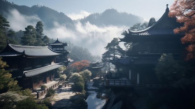 A screenshot of a chinese temple with a mountain in the background.