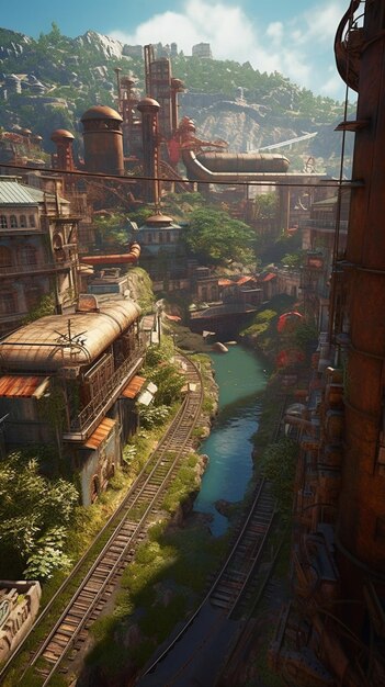 A screenshot of a city with a bridge and a train passing by.