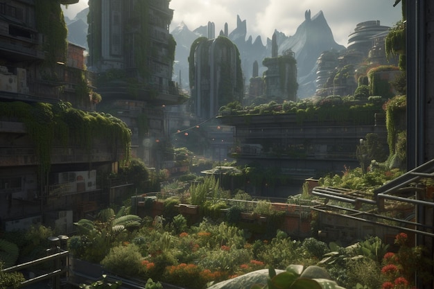 A screenshot of a city with a green garden and a mountain in the background