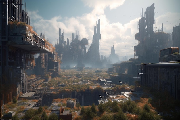 Скриншот футуристического города с большим зданием на заднем плане.