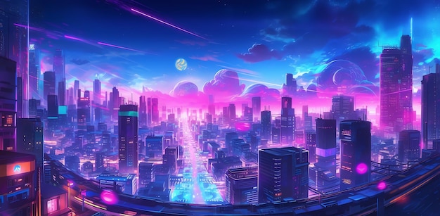 A screenshot of a futuristic city with a purple sky and a city in the background