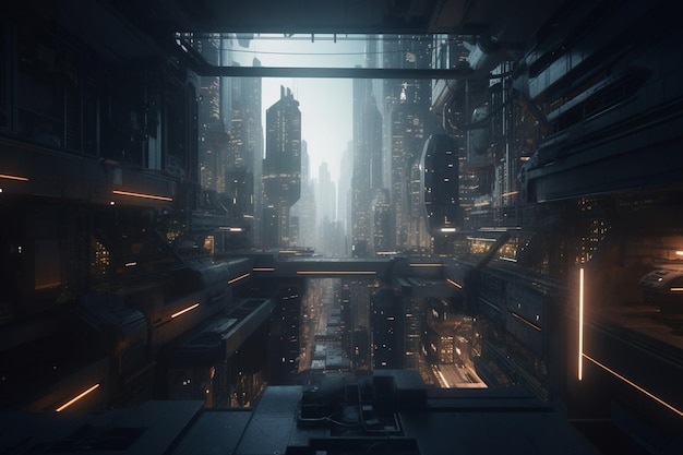 A screenshot of a futuristic city with a view of a cityscape.