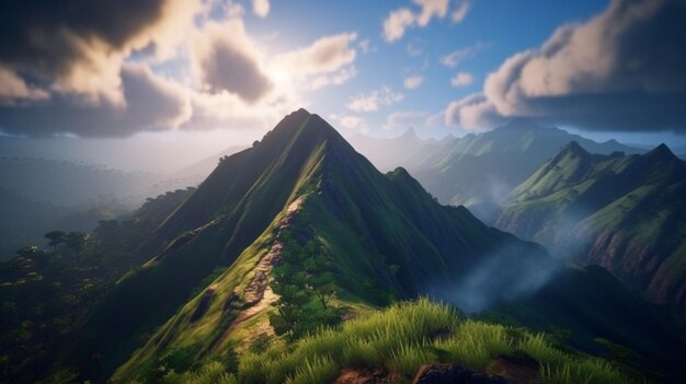 A screenshot of a mountain with the sun shining on it.